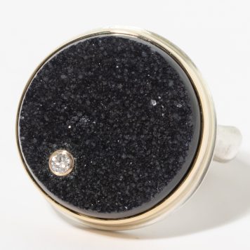 Jamie Joseph:Sterling & 14K Gold Ring w/ Round BRAZILIAN BLACK DRUSY w/ .03 Pt Diamond on Middle Groovy Band, sz 7.5, 11/16 diameter