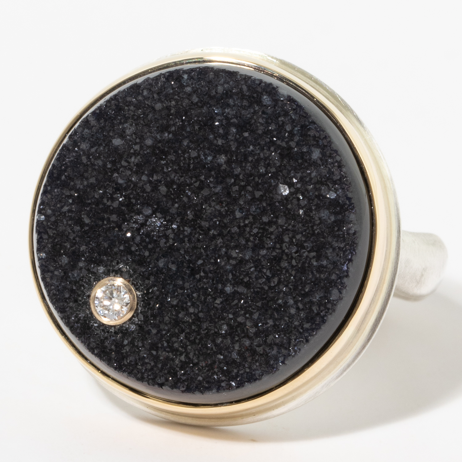 Jamie Joseph:Sterling & 14K Gold Ring w/ Round BRAZILIAN BLACK DRUSY w/ .03 Pt Diamond on Middle Groovy Band, sz 7.5, 11/16 diameter