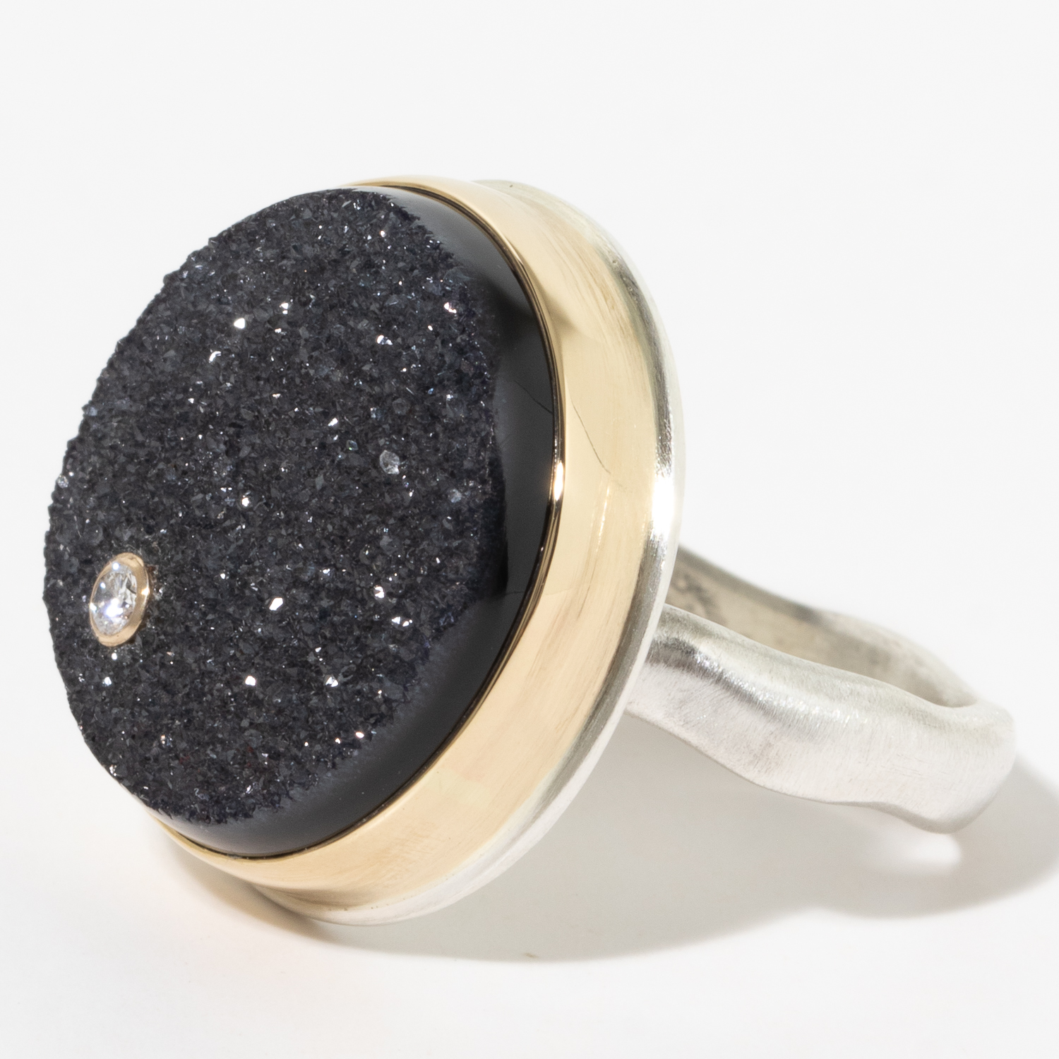 Jamie Joseph:Sterling & 14K Gold Ring w/ Round BRAZILIAN BLACK DRUSY w/ .03 Pt Diamond on Middle Groovy Band, sz 7.5, 11/16 diameter