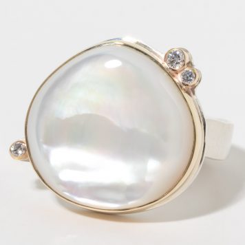 Jamie Joseph:Sterling & 14K Gold Ring w/Asymmetrical Smooth WHITE MOTHER OF PEARL & Triple Satellite Diamonds on Live Edge Band (.08), sz 7.5, sz 11/16 x 11/16