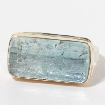 Jamie Joseph:Sterling & 14K Gold Ring w/ Rectangular Surface CutAQUAMARINE on Soft Live Edge Band, sz 7.5, 3/8 x 3/4