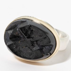 Jamie Joseph:Sterling & 14K Gold Ring w/ Oval ANDRADITE on Comfort Band, sz 7.5, 9/16 x 3/4