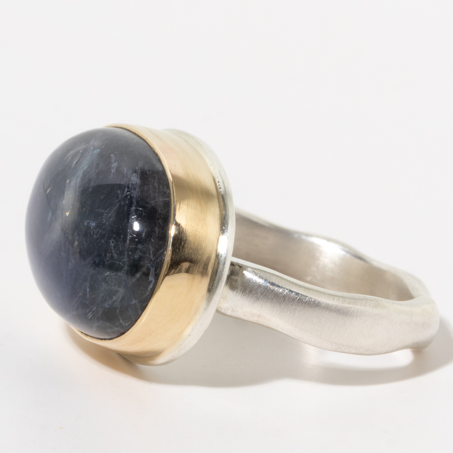 Jamie Joseph:Sterling & 14K Gold Ring w/ Oval Smooth BLUE RAINBOW MOONSTONE on Middle Groovy Band, sz 7.5, 1/2 x 3/4