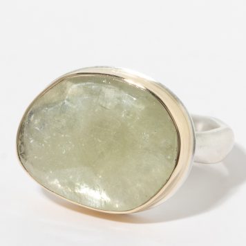 Jamie Joseph:Sterling & 14K Gold Ring w/Asymmetrical Faceted LINEN SAPPHIRE on Middle Groovy Band, sz 7.75, 9/16 x 3/4