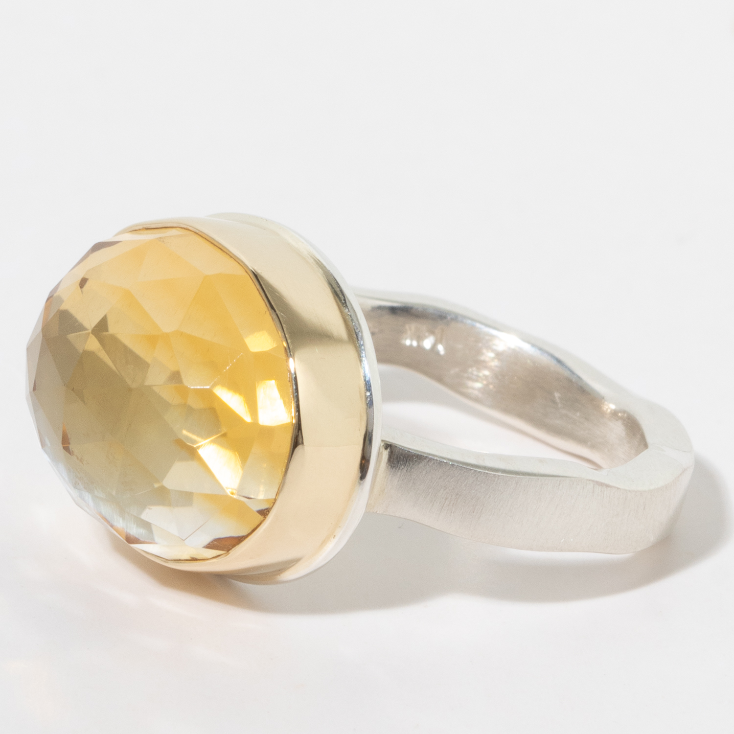Jamie Joseph:Sterling and 14K Gold Ring w/ Medium Oval Rose Cut CITRINE on Soft Live Edge Band. sz 7.5, 1/2 x 5/8