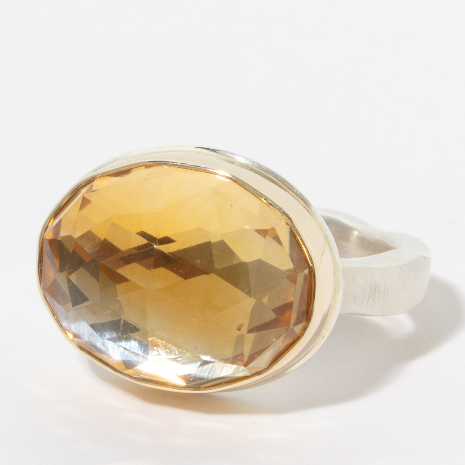 Jamie Joseph:Sterling and 14K Gold Ring w/ Medium Oval Rose Cut CITRINE on Soft Live Edge Band. sz 7.5, 1/2 x 5/8