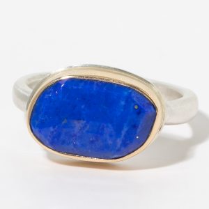 Jamie Joseph:Sterling & 14K Gold Ring w/ Small Asymmetrical Faceted LAPIS on Middle Organic Band, sz 7, 3/8 x 9/16