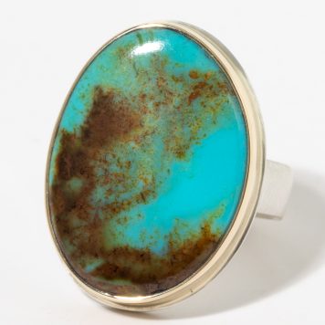 Jamie Joseph:Sterling & 14K Gold Ring w/ Vertical Asymmetrical ROYSTON TURQUOISE on Comfort Band, sz 7.75, 15/16 x 11/16
