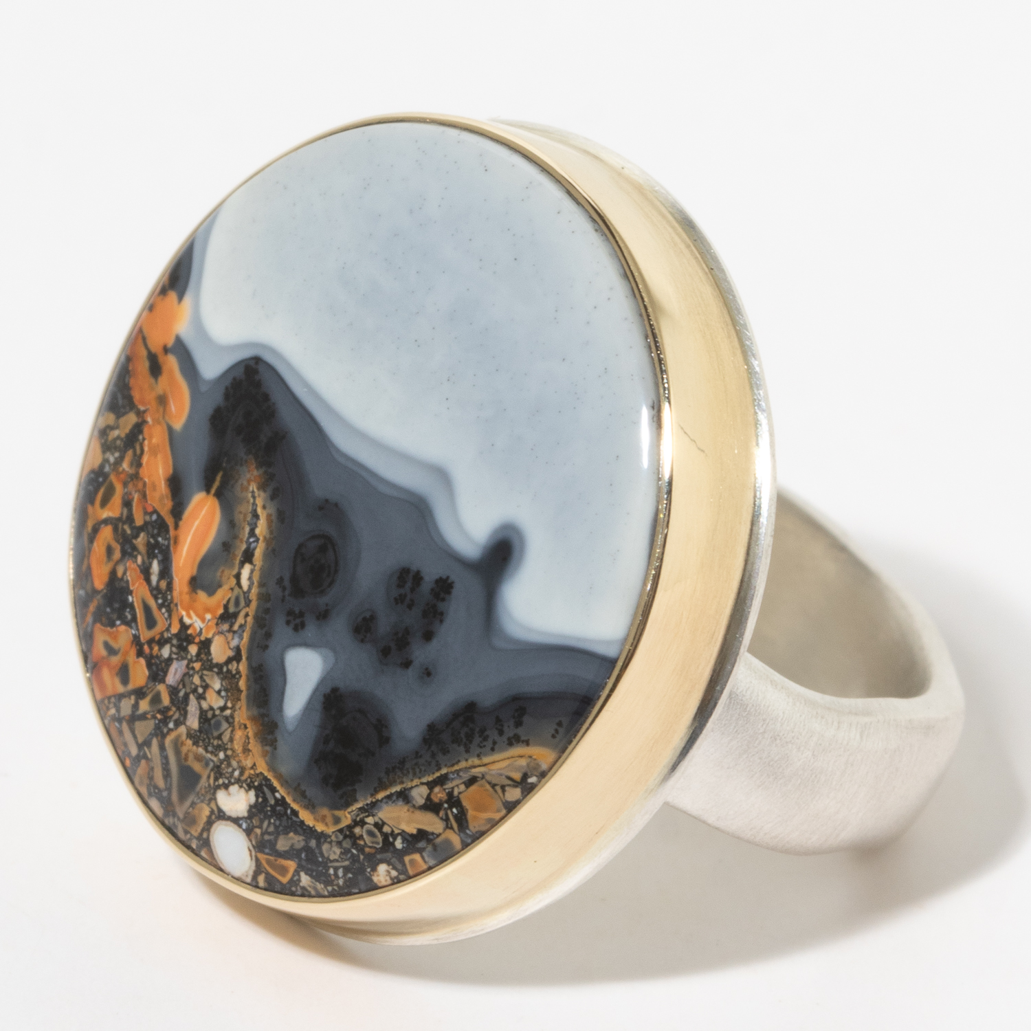 Jamie Joseph:Sterling & 14K Gold Ring w/ Large Round MALIGANO JASPER on Groovy Band, sz 7.5, 7/8 diameter