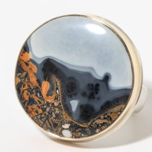 Jamie Joseph:Sterling & 14K Gold Ring w/ Large Round MALIGANO JASPER on Groovy Band, sz 7.5, 7/8 diameter
