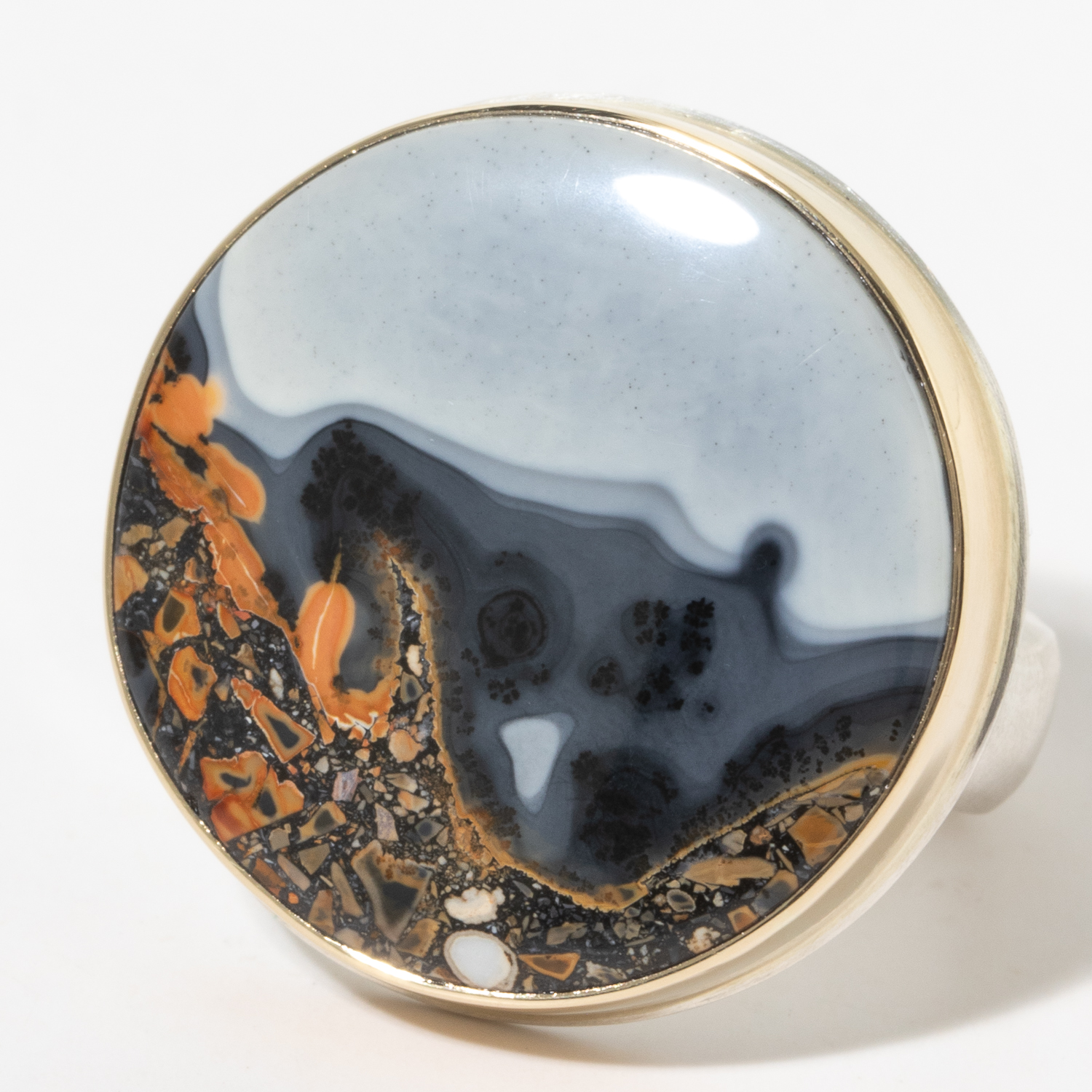 Jamie Joseph:Sterling & 14K Gold Ring w/ Large Round MALIGANO JASPER on Groovy Band, sz 7.5, 7/8 diameter