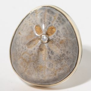 Jamie Joseph:Sterling & 14K Gold Ring w/ Vertical Asymmetrical FOSSILIZED SEA URCHIN & .03 ct Diamond on Groovy Band, sz 8, 1x 13/16