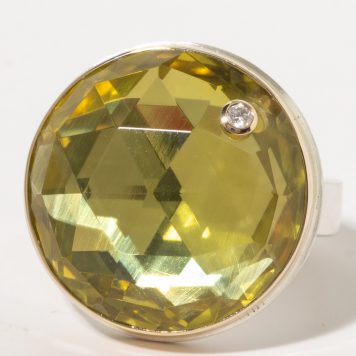 Jamie Joseph:Sterling & 14K Gold Ring w/ Round Rose Cut LEMON QUARTZ on comfort Y Band, sz 7.25, 3/4 diameter