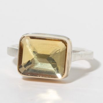 Jamie Joseph:Sterling & 14K Gold Ring w/ Rectangular Inverted CITRINE on Skinny Live Edge Band, sz 7. 3/8 x 7/16