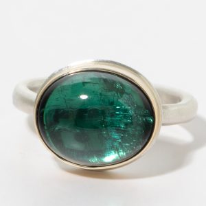 Jamie Joseph:Sterling & 14K Gold Ring w/ Oval INDICOLITE TOURMALINE on Egyptian Band, sz 7.5, 3/8 x 1/2