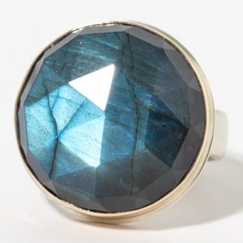 Jamie Joseph:Sterling & 14K Gold Ring w/ Round Rose Cut LABRADORITE on Comfort Band, sz 8, 3/4 diameter
