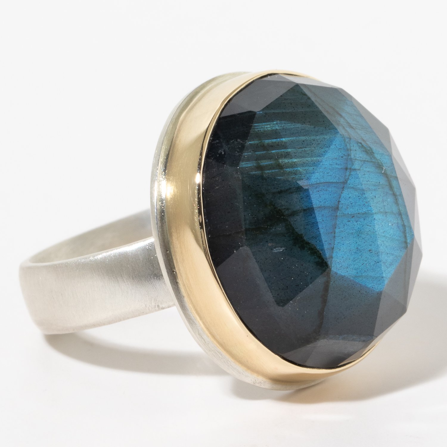Jamie Joseph:Sterling & 14K Gold Ring w/ Round Rose Cut LABRADORITE on Comfort Band, sz 8, 3/4 diameter