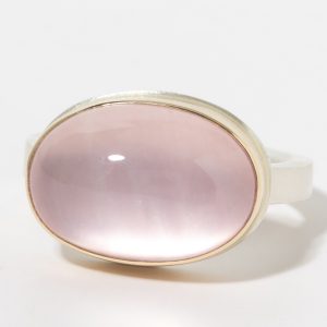 Jamie Joseph:Sterling & 14K Gold Ring w/Smooth Oval ROSE QUARTZ on X Band, sz 7, 7/16 x 5/8