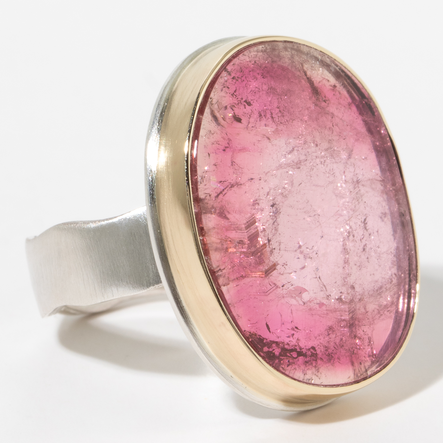 Jamie Joseph:Sterling & 14K Gold Ring w/ Smooth Oval PINK TOURMALINE on Middle Bark Band, sz 7.5, 7/8 x 11/16