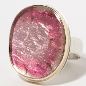 Jamie Joseph:Sterling & 14K Gold Ring w/ Smooth Oval PINK TOURMALINE on Middle Bark Band, sz 7.5, 7/8 x 11/16