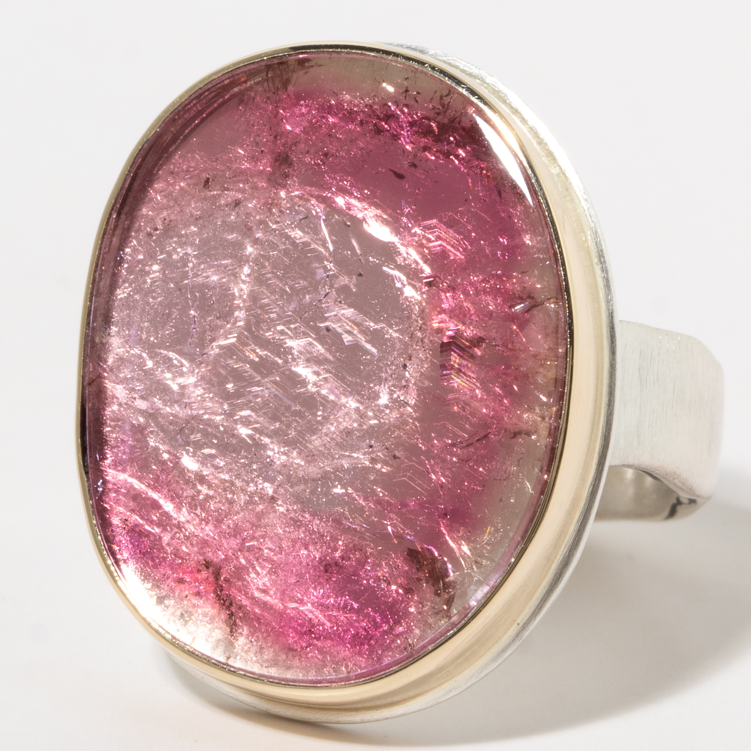 Jamie Joseph:Sterling & 14K Gold Ring w/ Smooth Oval PINK TOURMALINE on Middle Bark Band, sz 7.5, 7/8 x 11/16