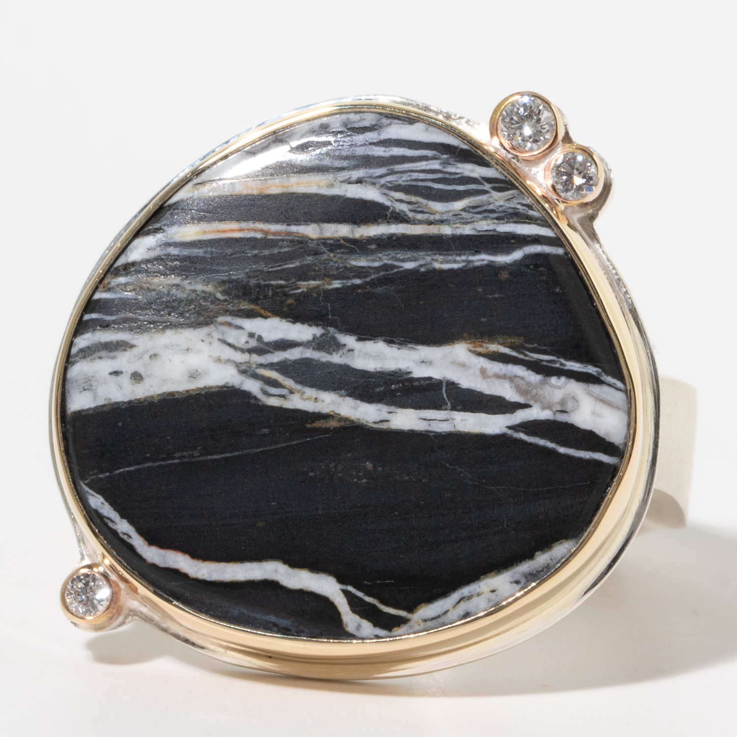 Jamie Joseph:Sterling & 14K Gold Ring w/ Smooth Asymmetrical WHITE BUFFALO TURQUOISE w/ 3 Satellite Diamonds on Live Edge Band, sz 7.5, 3/4 x 3/4