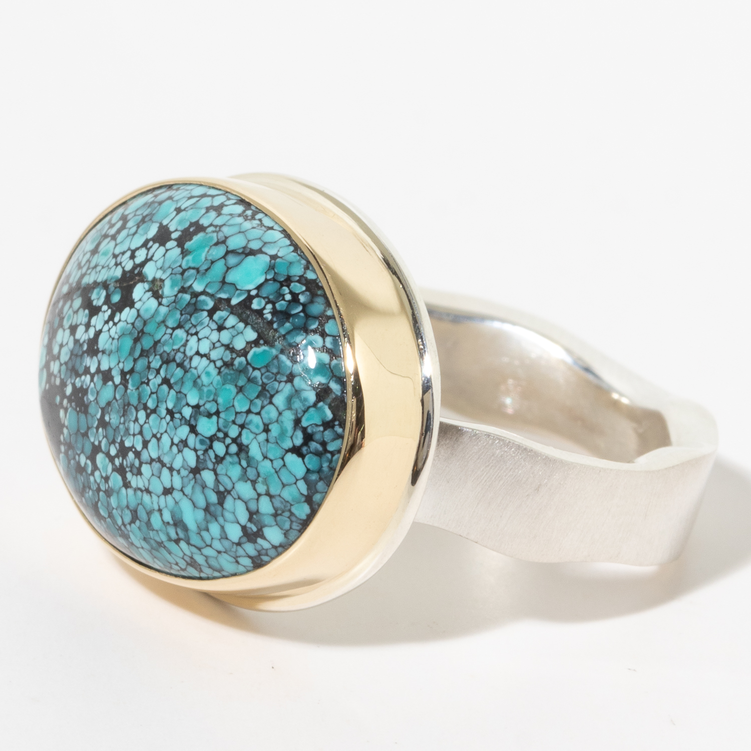 Jamie Joseph:Sterling & 14K Gold Ring w/ Oval Smooth HUBEI TURQUOISE On Live Edge Band, sz 7.75, 9/16 x 3/4