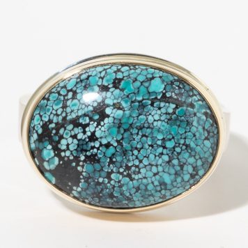 Jamie Joseph:Sterling & 14K Gold Ring w/ Oval Smooth HUBEI TURQUOISE On Live Edge Band, sz 7.75, 9/16 x 3/4