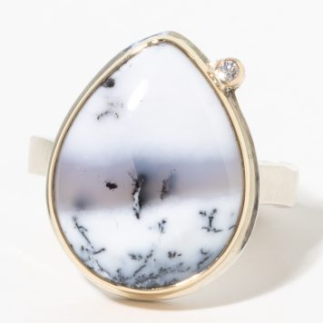 Jamie Joseph:Sterling & 14K Gold Ring w/ Vertical Teardrop Smooth DENDRITIC OPAL & .03 ct Satellite Diamond on Soft Live Edge Band, sz 7.25, 3/4 x 9/16