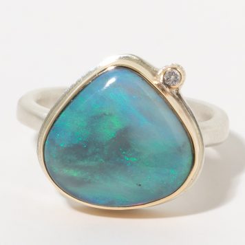 Jamie Joseph :Sterling & 14K Gold Ring w/Asymmetrical AUSTRALIAN OPAL & .025 ct Satellite Diamond on Egyptian Band, sz 7. 1/2 x 9/16