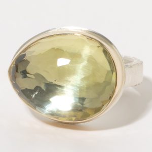 Jamie Joseph :Sterling & 14K Gold Ring w/Asymmetrical Rose Cut LEMON QUARTZ on Bark Band, sz 7.25, 9/16 x 11/16