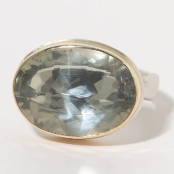 Jamie Joseph :Sterling & 14K Gold Ring w/ Oval inverted MINT QUARTZ on Middle Groovy Band, sz 7.75, 1/2 x 11/16