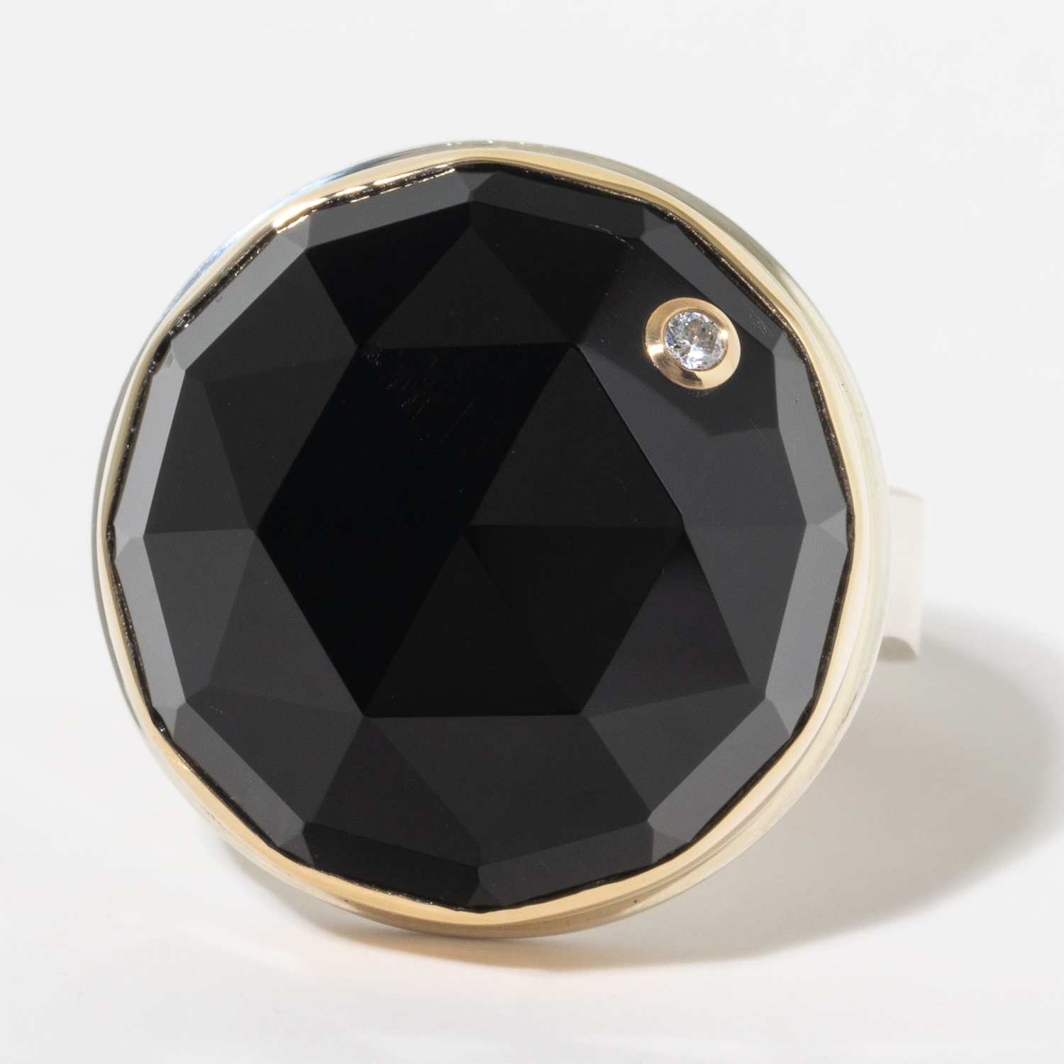 Jamie Joseph :Sterling & 14K Gold Ring w/ Round Rose Cut BLACK ONYX & .03 ct. Diamond on Live Edge Band, sz 8, 3/4 diameter