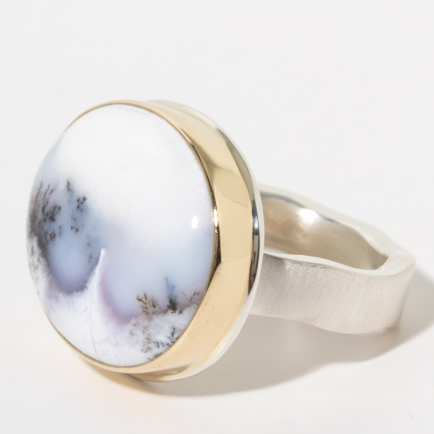Jamie Joseph :Sterling & 14K Gold Ring w/ Smooth, Oval DENDRITIC OPAL on Live Edge Band. sz 7.5, 11/16 x 7/8