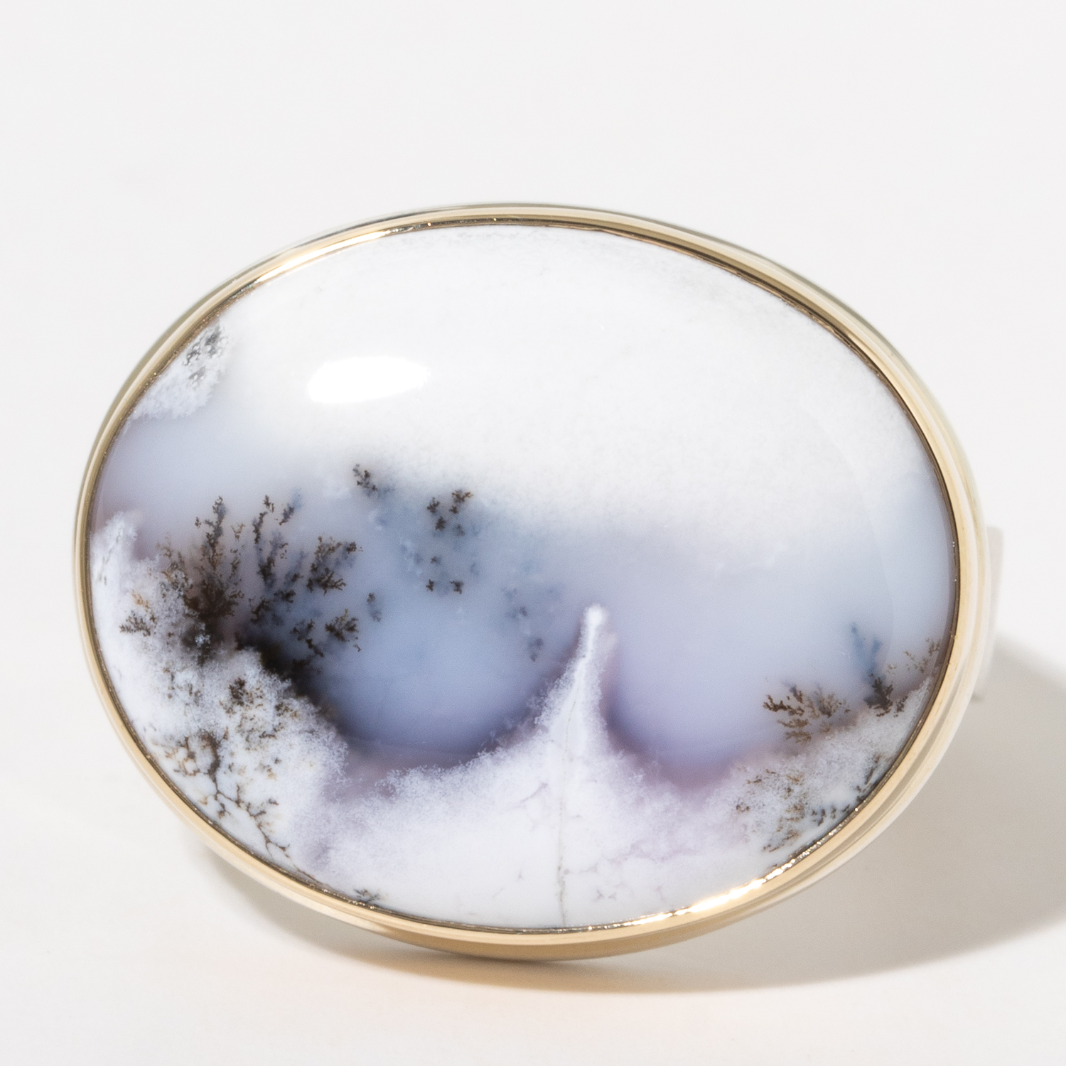 Jamie Joseph :Sterling & 14K Gold Ring w/ Smooth, Oval DENDRITIC OPAL on Live Edge Band. sz 7.5, 11/16 x 7/8
