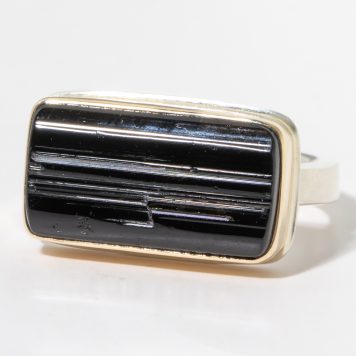 Jamie Joseph:Sterling & 14K Gold Ring w/ Rectangular Surface BLACK TOURMALINE on X Band