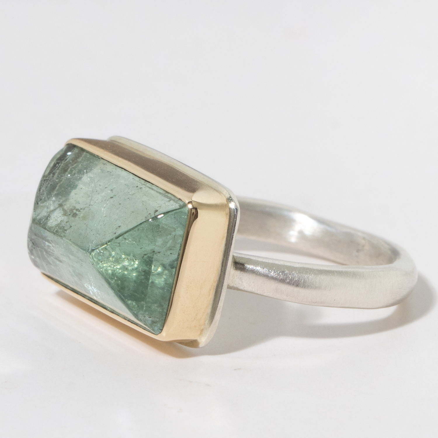 Jamie Joseph:Sterling & 14K Gold Ring w/ Rectangular Inverted Green Beryl on Middle Organic Band