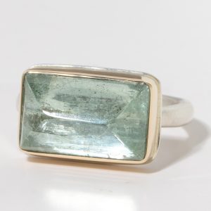 Jamie Joseph:Sterling & 14K Gold Ring w/ Rectangular Inverted Green Beryl on Middle Organic Band