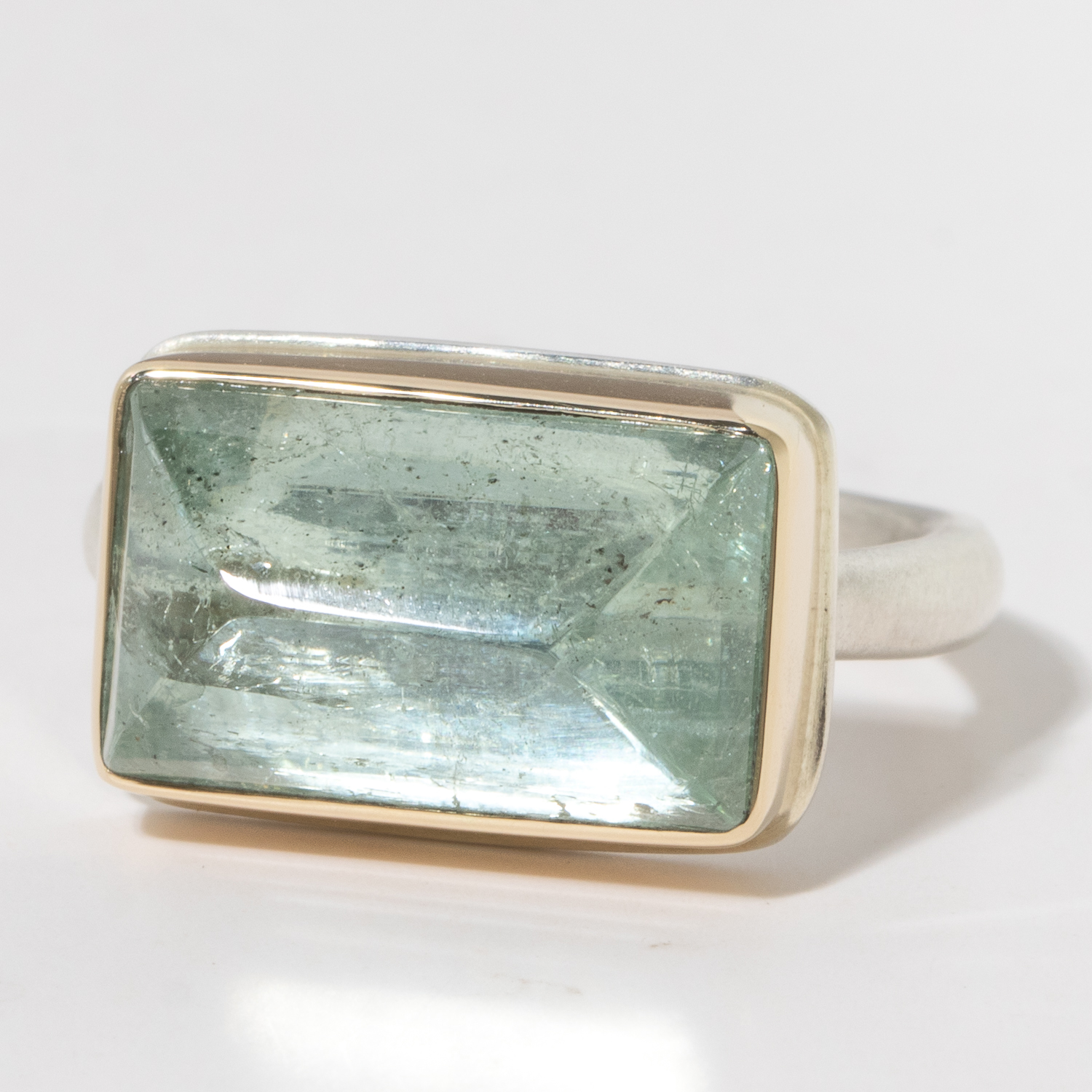 Jamie Joseph:Sterling & 14K Gold Ring w/ Rectangular Inverted Green Beryl on Middle Organic Band