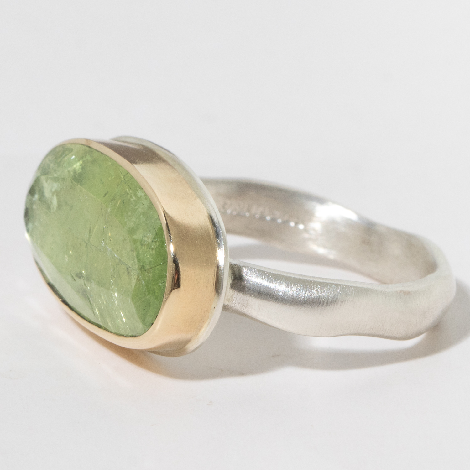 Jamie Joseph:Sterling & 14K Gold Ring w/ Oval Table Up YELLOW GREEN TOURMALINE on Middle Groovy Ring