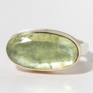 Jamie Joseph:Sterling & 14K Gold Ring w/ Oval Table Up YELLOW GREEN TOURMALINE on Middle Groovy Ring