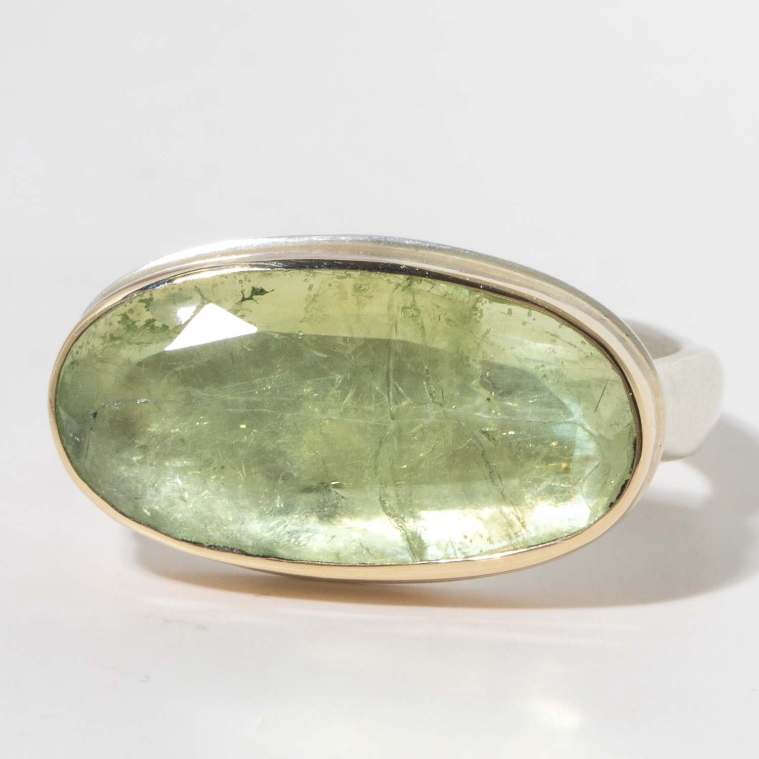 Jamie Joseph:Sterling & 14K Gold Ring w/ Oval Table Up YELLOW GREEN TOURMALINE on Middle Groovy Ring