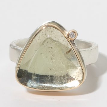 Jamie Joseph:Sterling & 14K Gold Ring w/Triangular Table Up YELLOW BERYL w/ .025 satellite Diamond on Middle Bark Band.