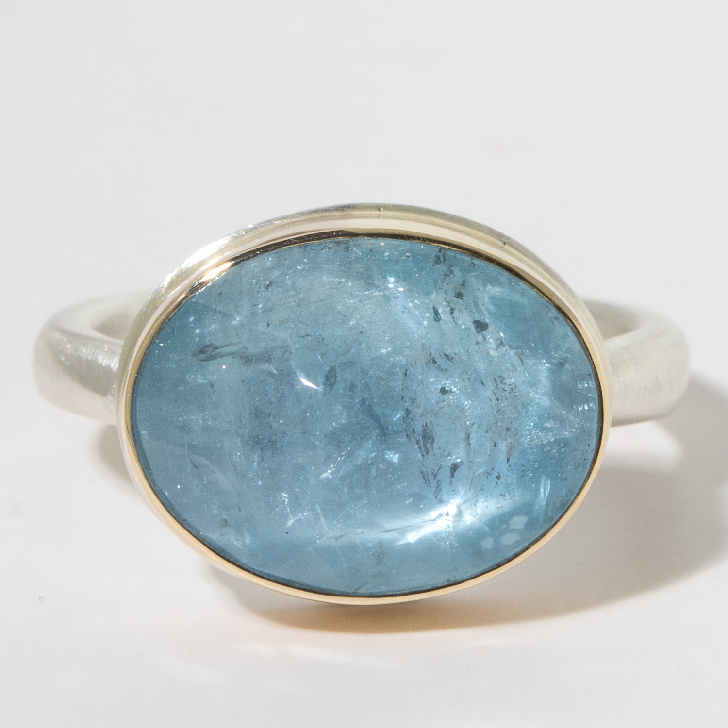Jamie Joseph:Sterling & 14K Gold Ring w/ Oval Inverted AQUAMARINE on Middle Organic Band