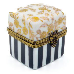 Yuko Kikuchi:  Hand Painted Porcelain Ringbox, Gold Chrysanthemum x Stripe