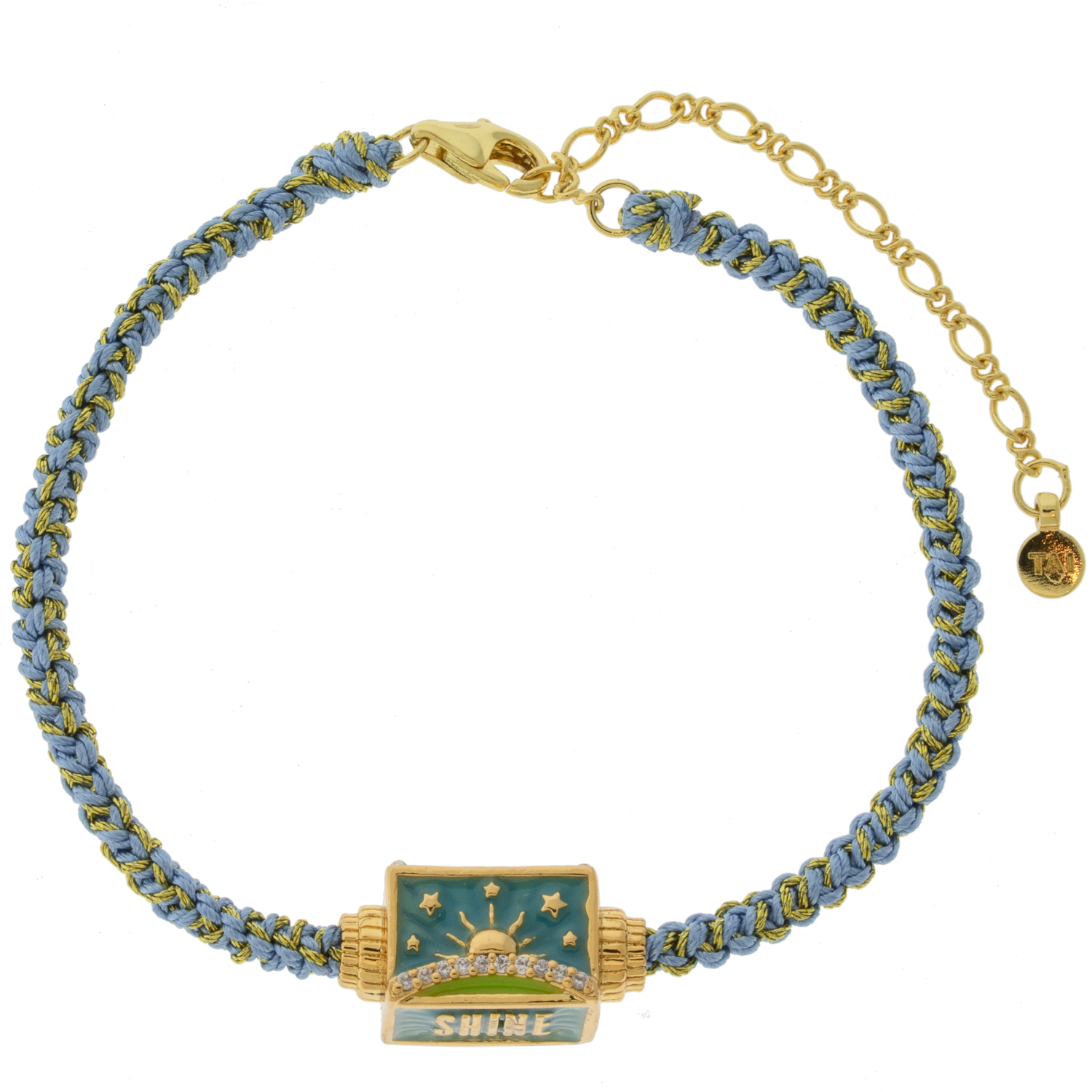 Tai: Bracelet, Blue Macrame Cord w/ Starry Sky Enamel Spinner- Lobster Closure 6"-8"