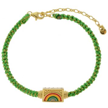 Tai: Bracelet, Bright Green Macrame Cord w/ Colorful Rainbow Enamel Spinner- Lobster Closure 6"-8"