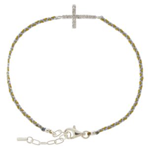 Tai: Bracelet, Silver Clear Cross w/ Grey/Gold Braided Cord, Adjustable Clasp