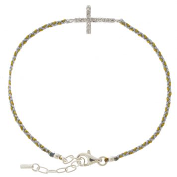Tai: Bracelet, Silver Clear Cross w/ Grey/Gold Braided Cord, Adjustable Clasp