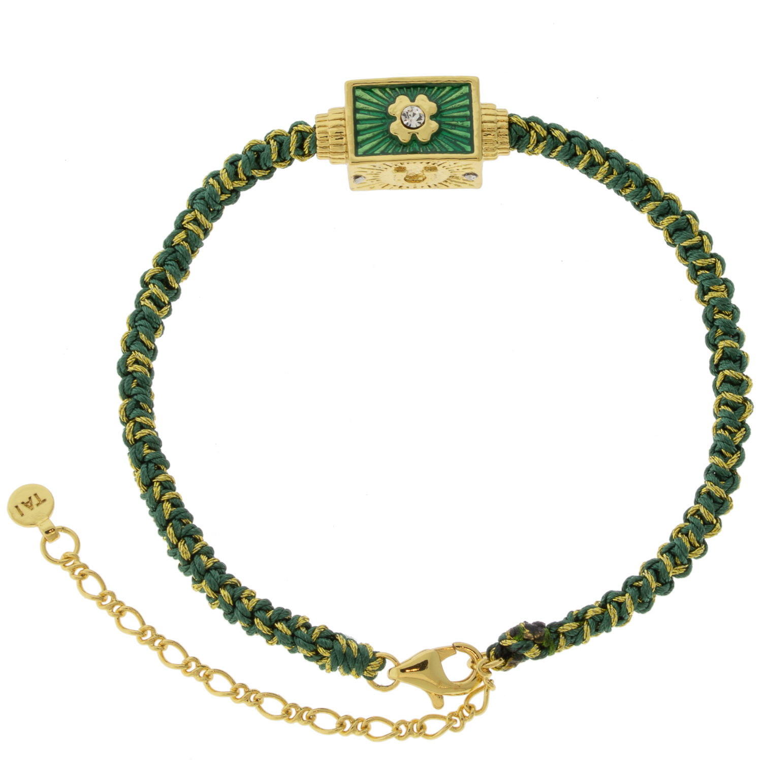 Tai: Bracelet, Deep Green Macrame Cord w/ Horseshoe Enamel Spinner- Lobster Closure 6"-8"